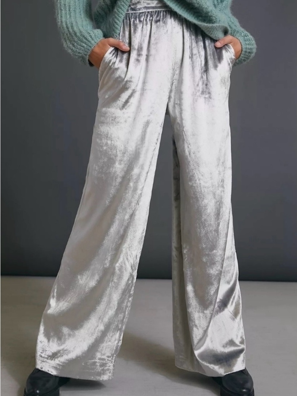 NWT Anthropologie Maeve Women’s Silver Velvet Wide-Leg Pull-On Pants Size S